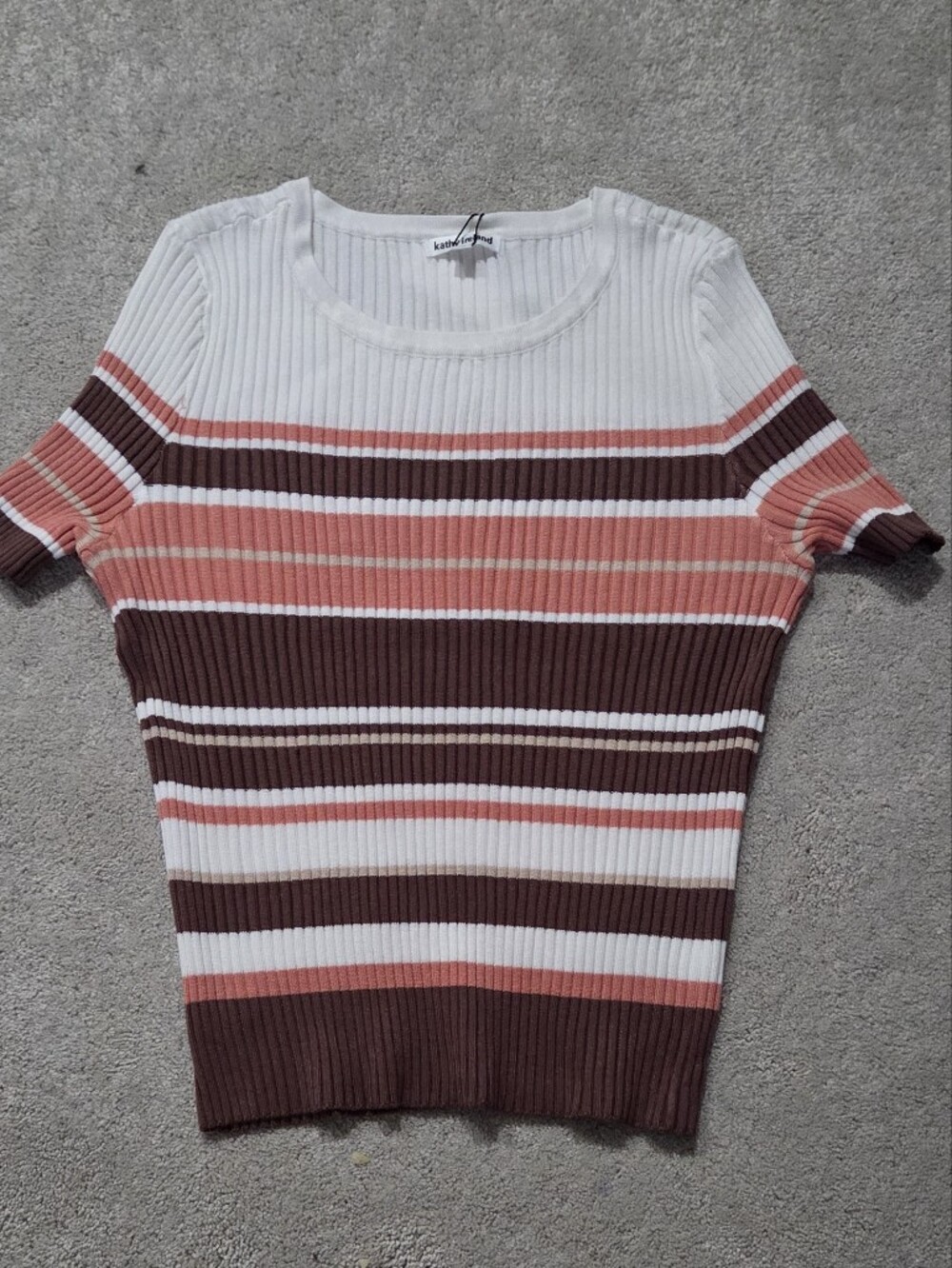 kathy ireland Striped Off-the-Shoulder Rib-Knit Sweater - White, Brown, Coral